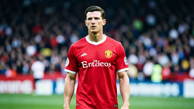 Imagem gerada por IA: Cristiano Ronaldo em campo com uniforme vermelho do Manchester United, diante de arquibancadas desfocadas.