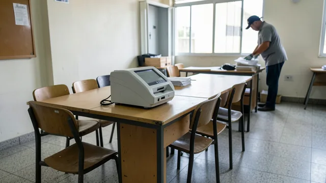 Imagem gerada por IA: Urna eletrônica em uma seção eleitoral vazia após o encerramento da votação.