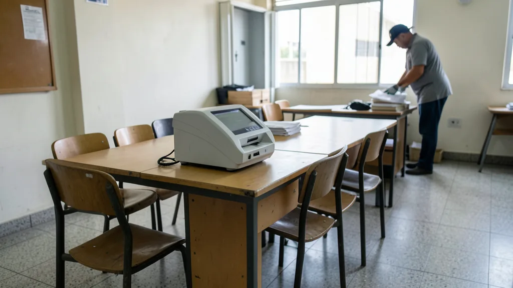 Imagem gerada por IA: Urna eletrônica em uma seção eleitoral vazia após o encerramento da votação.