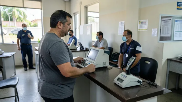 Imagem gerada por IA: Eleitor em uma seção de votação ao lado de uma urna eletrônica.