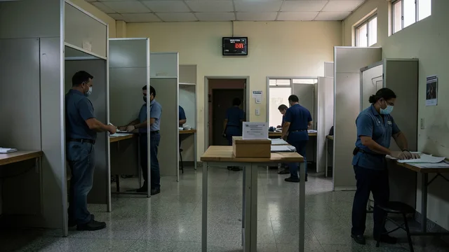 Imagem gerada por IA: Urna eletrônica e cabines de votação em uma seção eleitoral ao fim do dia.