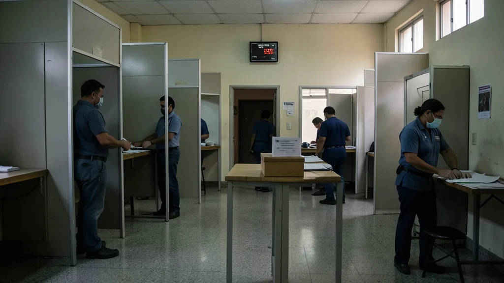 Imagem gerada por IA: Urna eletrônica e cabines de votação em uma seção eleitoral ao fim do dia.