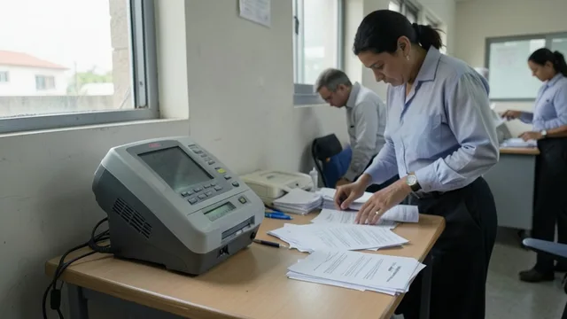 Imagem gerada por IA: Urna eletrônica em uma seção eleitoral, com um mesário ao fundo.