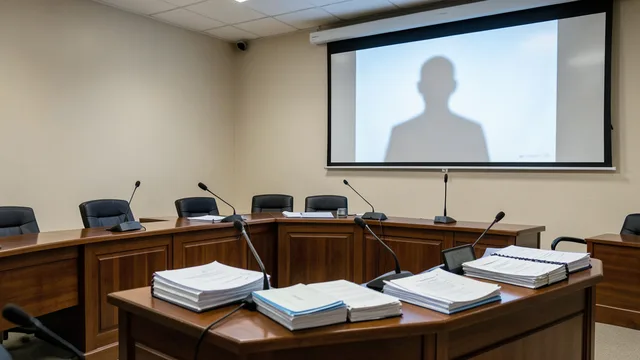 Imagem gerada por IA: Sala de audiência vazia, com microfones, documentos e uma tela de videoconferência ao fundo.