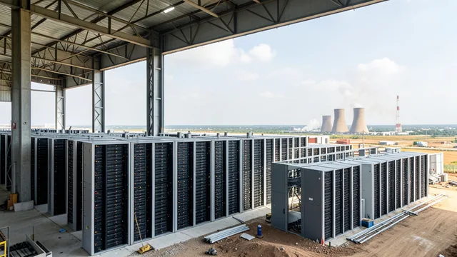 Imagem gerada por IA: Centro de dados em construção no Paraguai, com equipamentos de computação e uma usina hidrelétrica ao fundo.