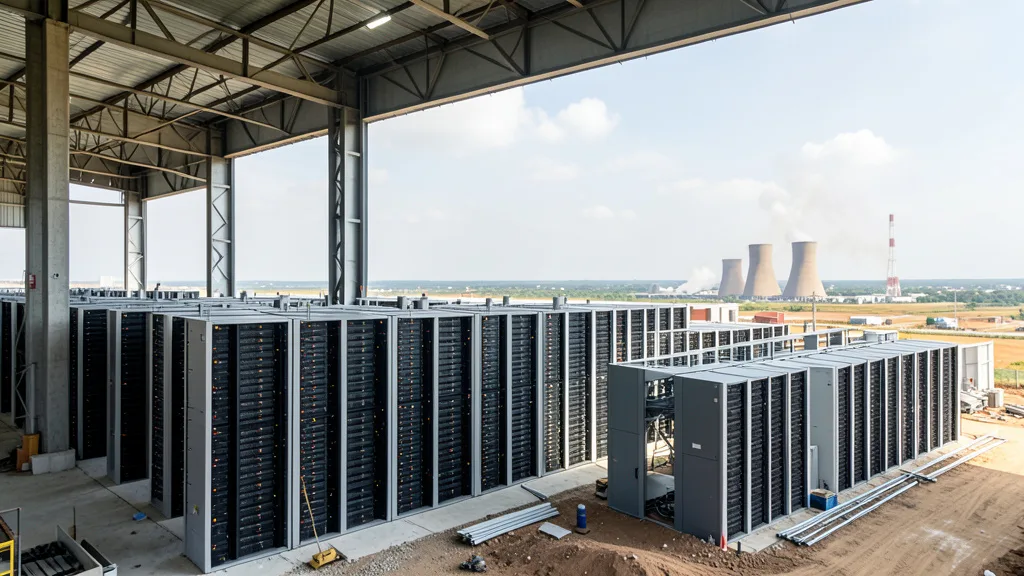 Imagem gerada por IA: Centro de dados em construção no Paraguai, com equipamentos de computação e uma usina hidrelétrica ao fundo.
