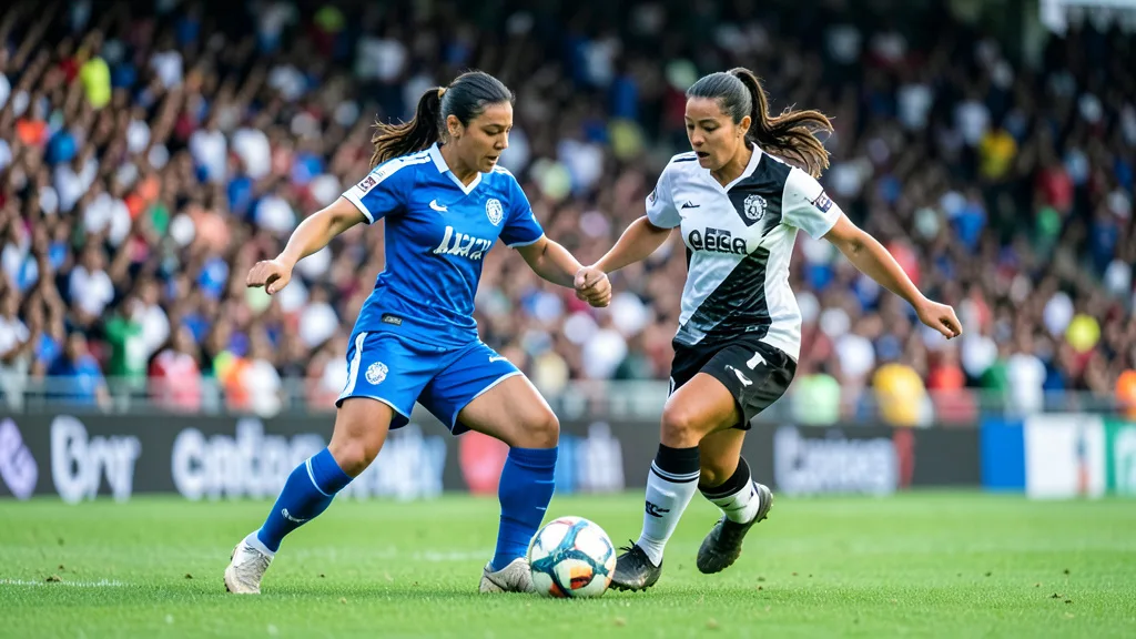 Imagem gerada por IA: Jogadoras disputam a bola em uma partida de futebol feminino em estádio lotado.