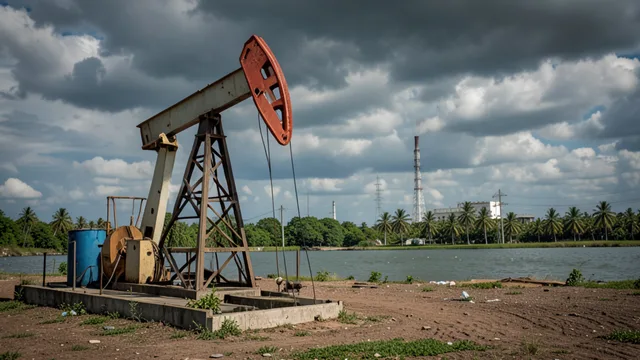 Imagem gerada por IA: Bomba de petróleo em um campo cubano, com uma usina ao fundo.