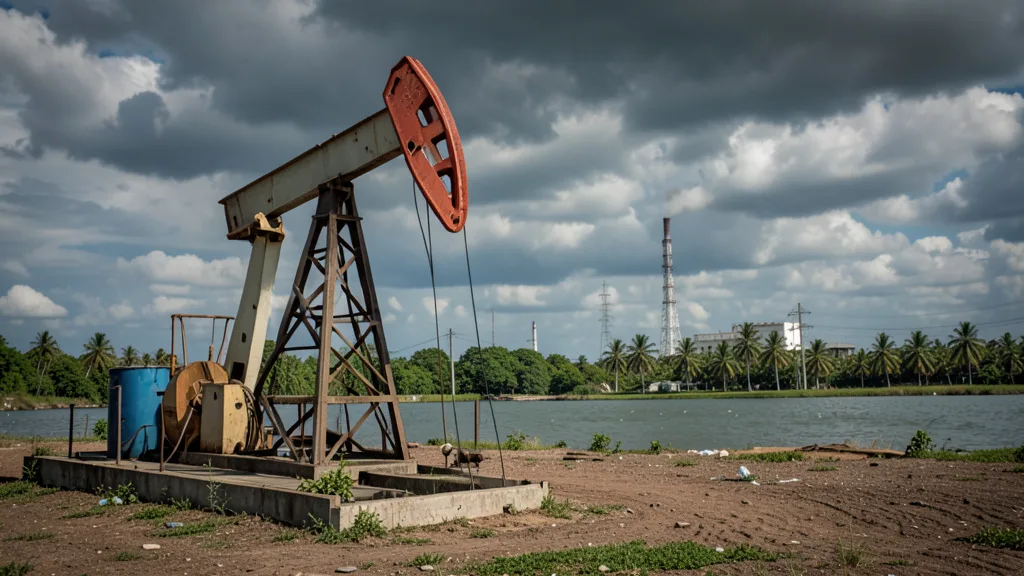Imagem gerada por IA: Bomba de petróleo em um campo cubano, com uma usina ao fundo.