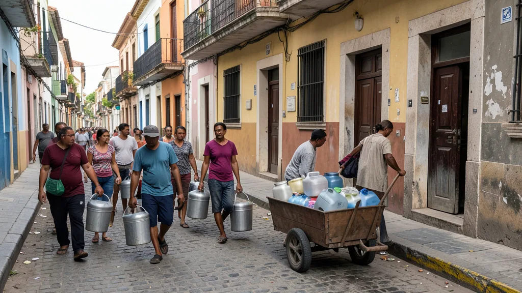 Imagem gerada por IA: Moradores transportam baldes e galões de água por uma rua de Havana.