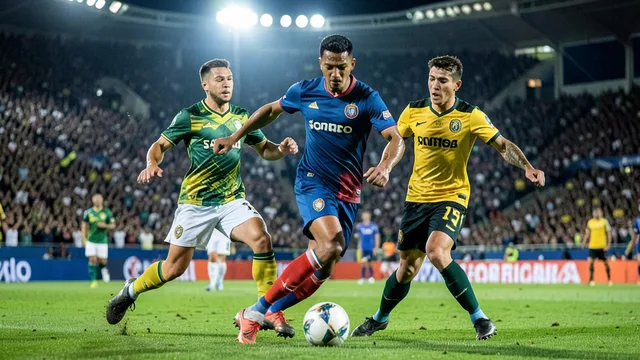 Imagem gerada por IA: Neymar conduz a bola durante uma partida de futebol em um estádio lotado.
