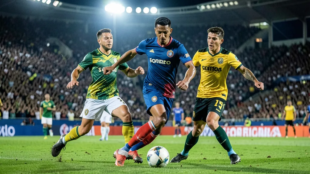 Imagem gerada por IA: Neymar conduz a bola durante uma partida de futebol em um estádio lotado.