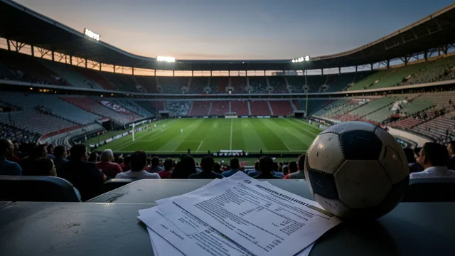 Imagem gerada por IA: Estádio de futebol vazio ao entardecer, com uma bola e documentos sobre uma mesa.