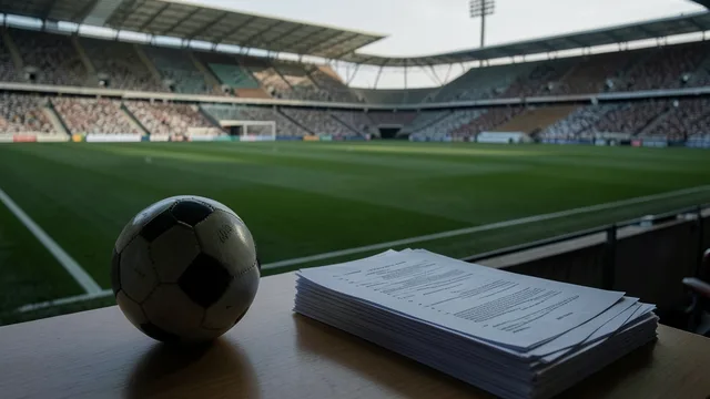 Imagem gerada por IA: Bola e documentos sem escrita diante de um estádio de futebol vazio.
