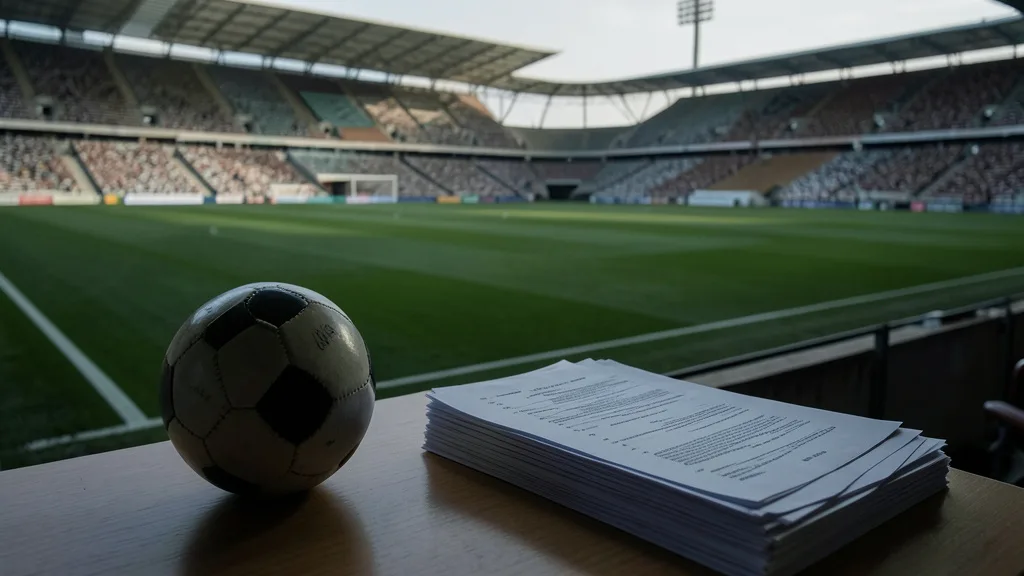 Imagem gerada por IA: Bola e documentos sem escrita diante de um estádio de futebol vazio.