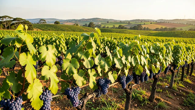 Imagem gerada por IA: Fileiras de videiras com cachos de uvas maduras em uma paisagem agrícola brasileira.