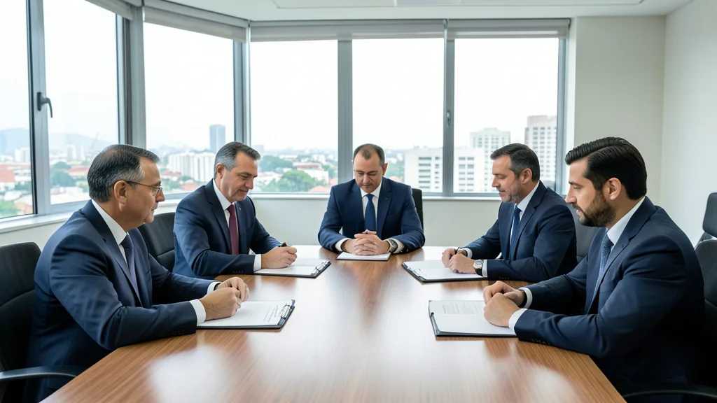 Imagem gerada por IA: Autoridades discutem a troca de informações sobre crimes financeiros em uma sala de reunião.