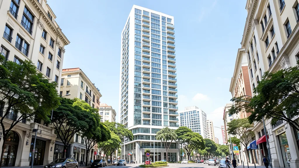 Imagem gerada por IA: Torre residencial de alto padrão em meio aos edifícios de São Paulo.