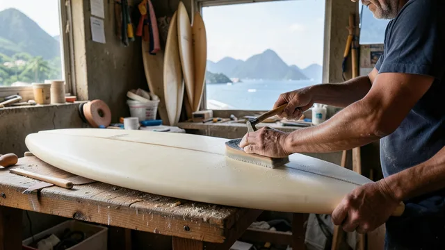 Imagem gerada por IA: Mãos de um shaper trabalhando em uma prancha de surfe em uma oficina.