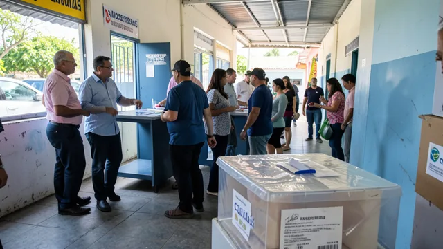 Imagem gerada por IA: Eleitores genéricos chegam a um local de votação em Goiás.