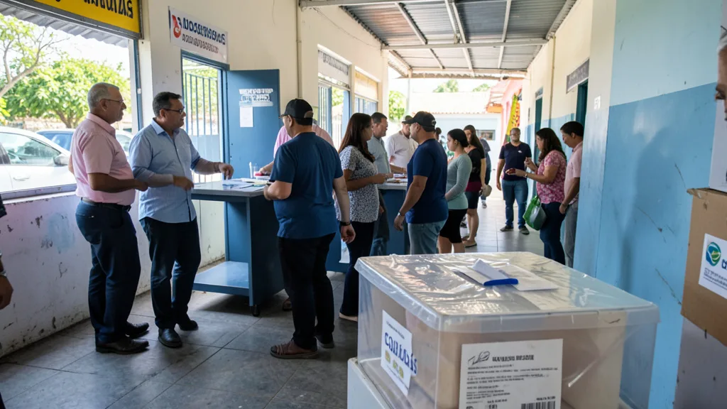 Imagem gerada por IA: Eleitores genéricos chegam a um local de votação em Goiás.