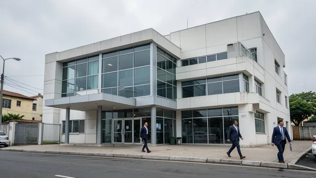 Imagem gerada por IA: Fachada de um banco em Brasília em um dia nublado.