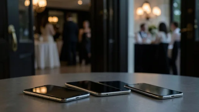 Imagem gerada por IA: Celulares virados para baixo sobre uma mesa diante de um espaço de festa elegante.