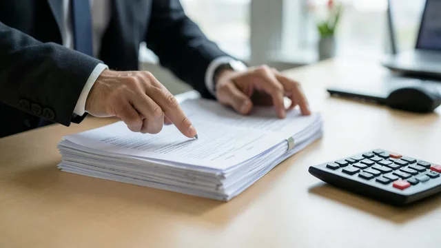 Imagem gerada por IA: Documentos financeiros sem identificação sobre uma mesa de escritório.