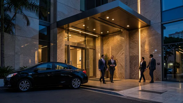 Imagem gerada por IA: Entrada de um hotel de luxo em São Paulo ao anoitecer, com hóspedes chegando.
