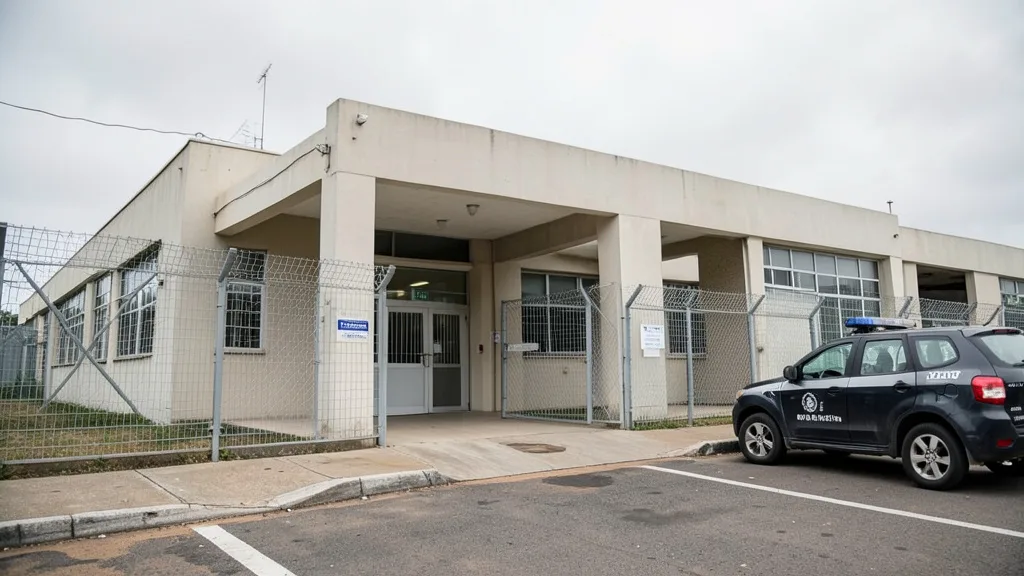 Imagem gerada por IA: Entrada de uma unidade prisional em Brasília, com cercas de segurança e um veículo policial.