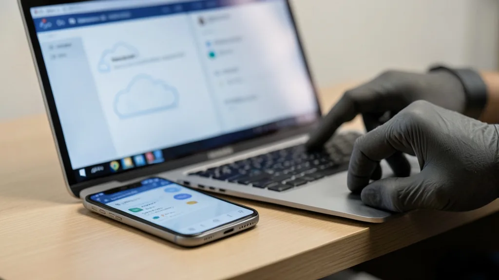 Imagem gerada por IA: Celular e computador sobre uma mesa durante uma investigação de dados digitais.