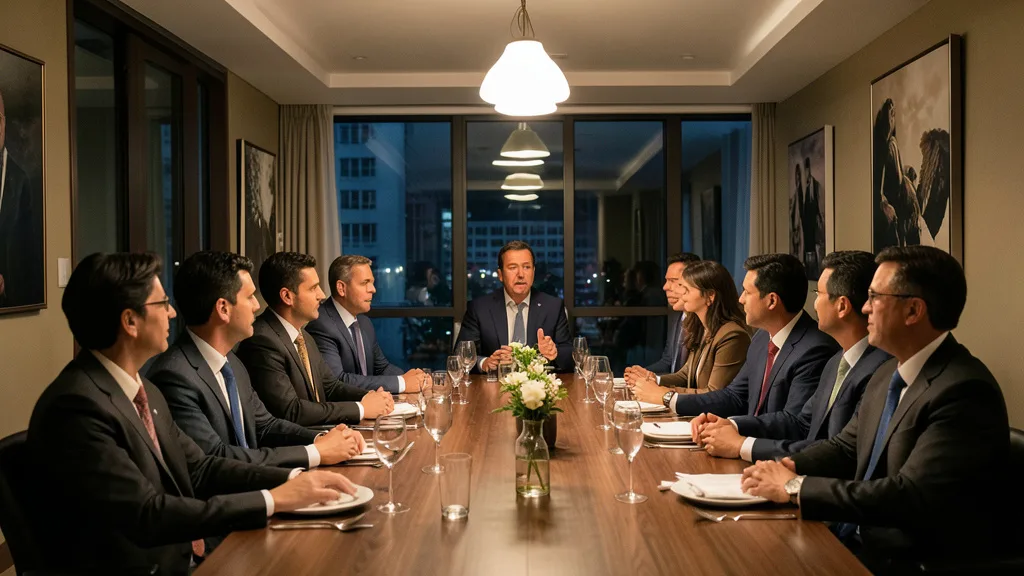 Imagem gerada por IA: Empresários e políticos participam de um jantar em uma sala elegante.
