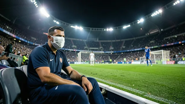 Imagem gerada por IA: Jogador de futebol com proteção no rosto sentado à beira do campo após uma partida.