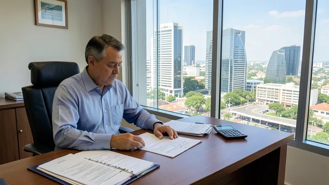 Imagem gerada por IA: Documentos orçamentários sobre uma mesa em um escritório governamental com vista para Brasília.