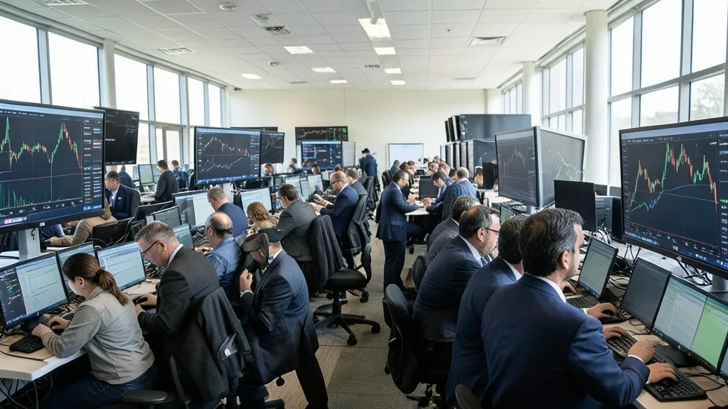 Imagem gerada por IA: Operadores acompanham as negociações em um pregão financeiro movimentado.