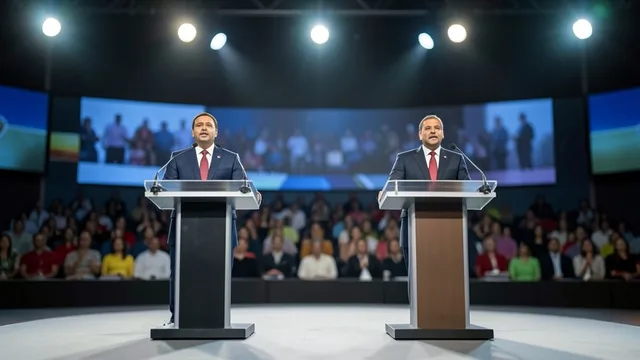 Imagem gerada por IA: Dois púlpitos vazios em um estúdio preparado para um debate eleitoral.