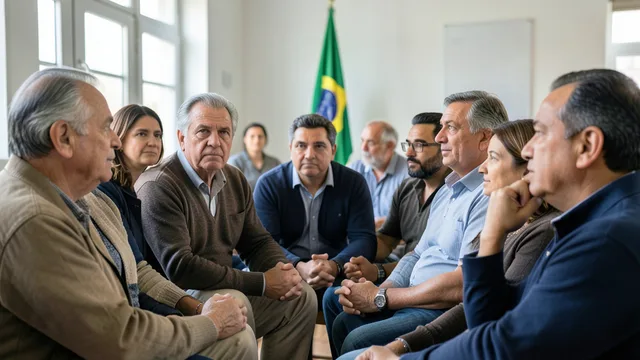 Imagem gerada por IA: Grupo de brasileiros em reflexão, com uma bandeira do Brasil ao fundo.