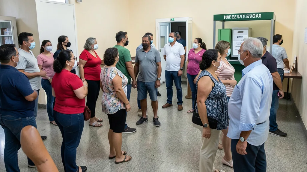 Imagem gerada por IA: Eleitores chegam a um local de votação com uma urna ao fundo.