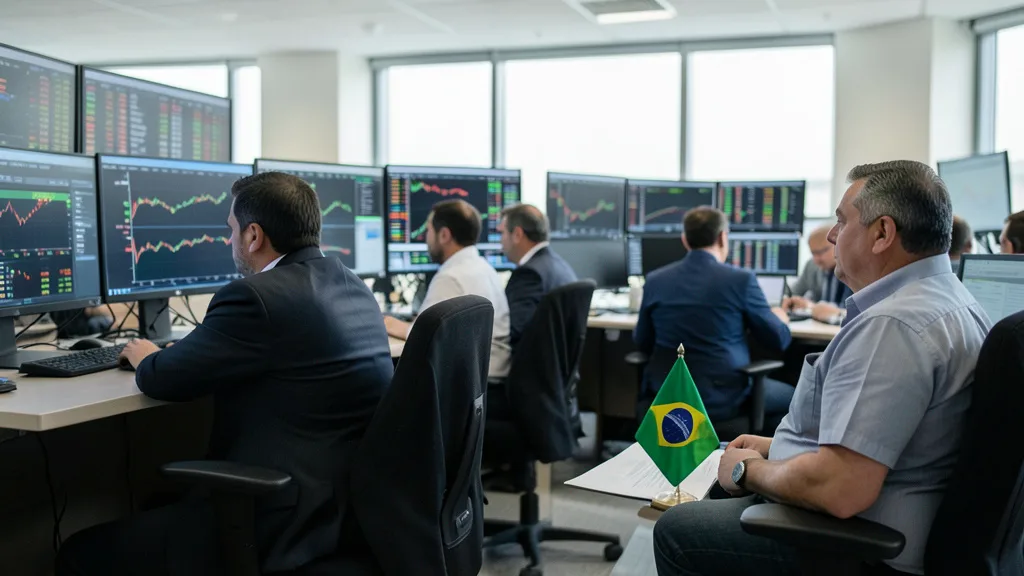 Imagem gerada por IA: Operadores acompanham o mercado em uma bolsa brasileira antes de pesquisas eleitorais.