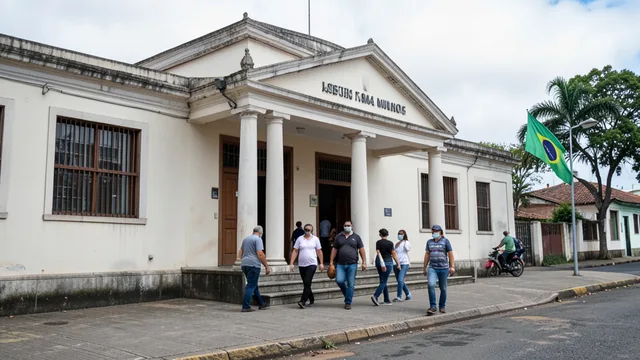 Eleitores caminham diante de um prédio público em Minas Gerais, com uma bandeira brasileira ao fundo.