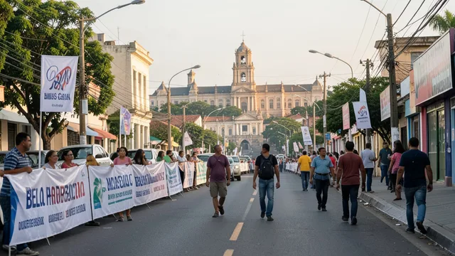 Vista de Belo Horizonte com o Palácio da Liberdade ao fundo e pessoas caminhando por uma rua.