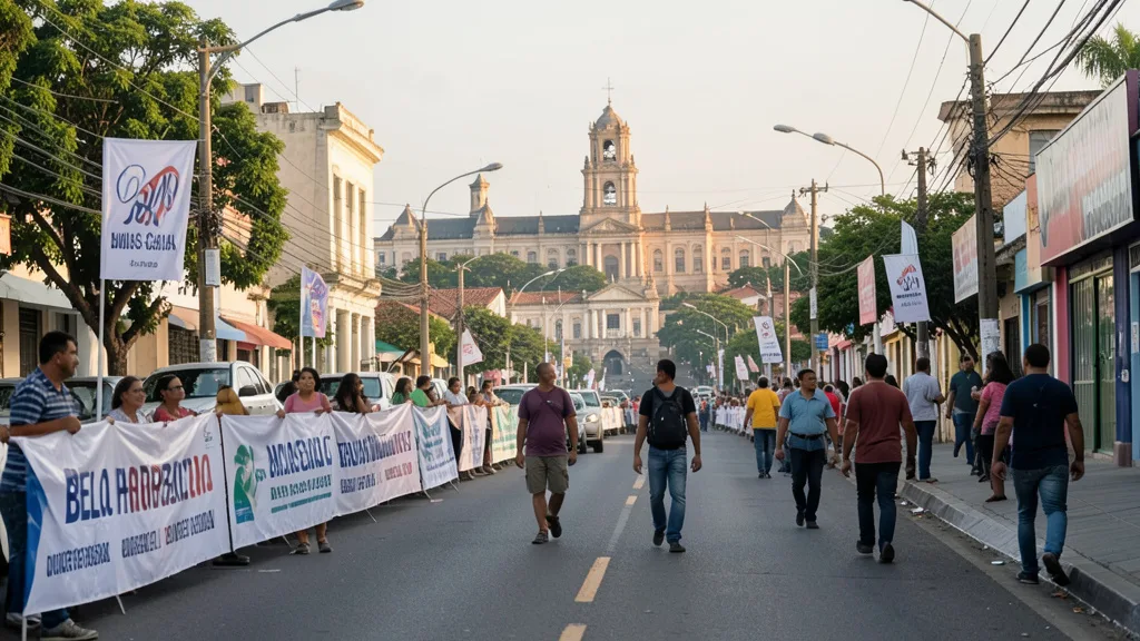 Vista de Belo Horizonte com o Palácio da Liberdade ao fundo e pessoas caminhando por uma rua.