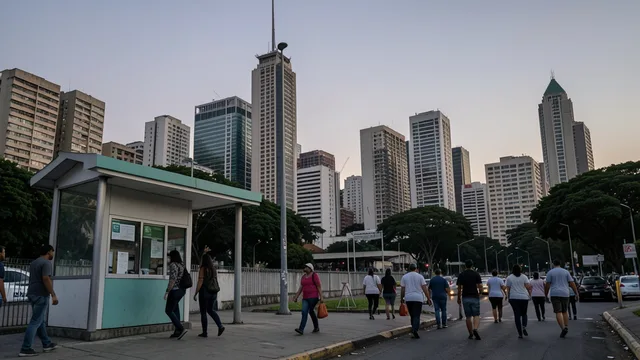 Vista urbana de São Paulo com eleitores caminhando em direção a uma seção eleitoral.