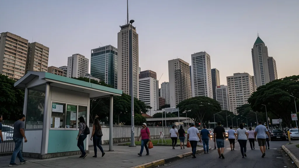 Vista urbana de São Paulo com eleitores caminhando em direção a uma seção eleitoral.