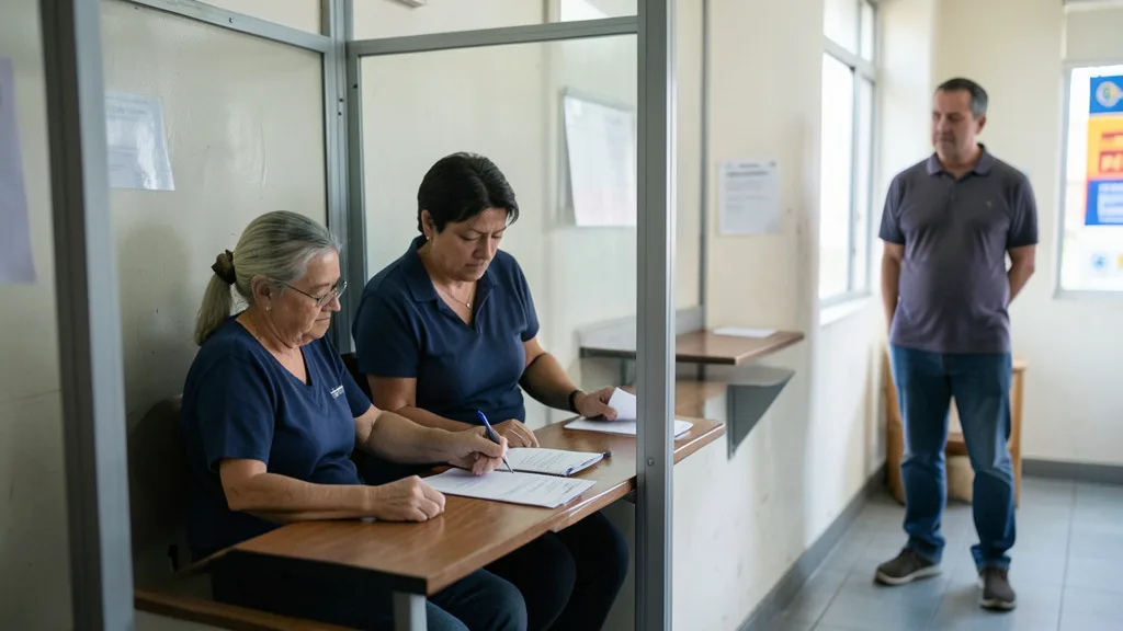 Imagem gerada por IA: Eleitor vota em uma cabine eleitoral, com outra pessoa aguardando ao fundo.