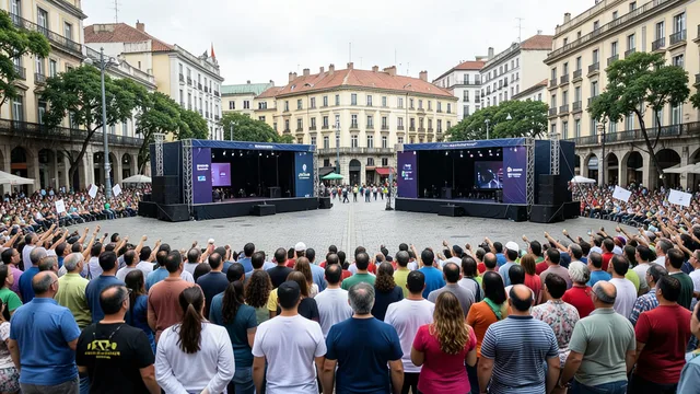 Eleitores acompanham eventos de campanha em uma praça brasileira.