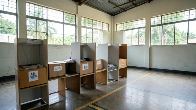 Imagem gerada por IA: Cabines e urnas eletrônicas preparadas em uma seção eleitoral antes da votação.