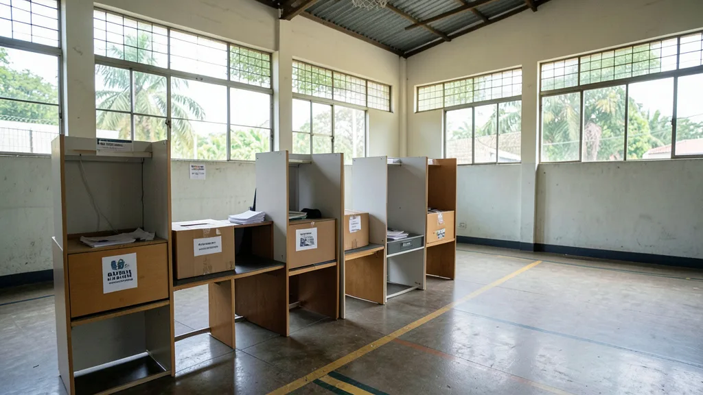 Imagem gerada por IA: Cabines e urnas eletrônicas preparadas em uma seção eleitoral antes da votação.