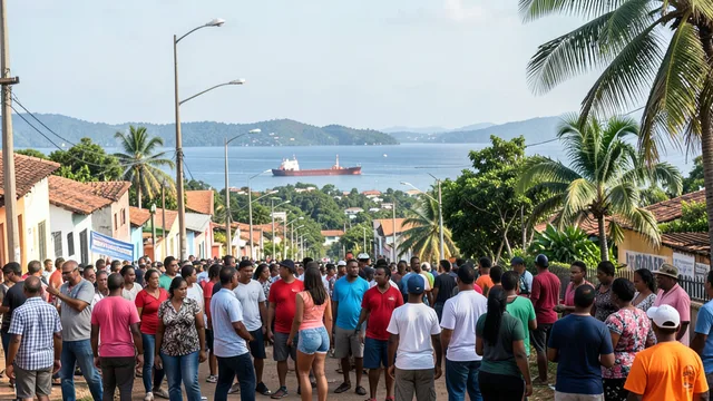 Apoiadores acompanham um ato de campanha em uma rua de Macapá, com a paisagem amazônica ao fundo.