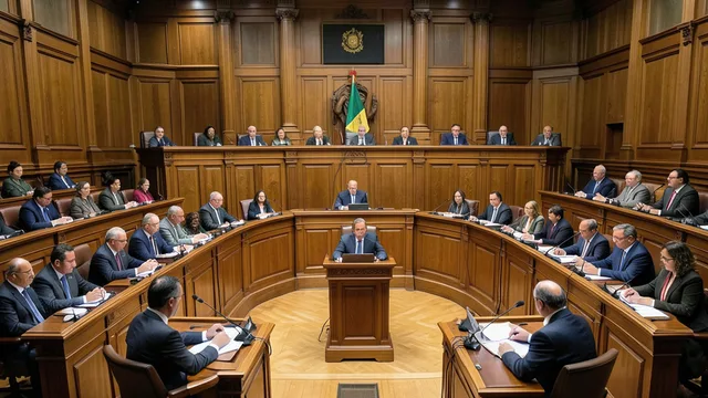 Imagem gerada por IA: Plenário do Senado durante uma sessão, com as cadeiras dos parlamentares e a tribuna em destaque.